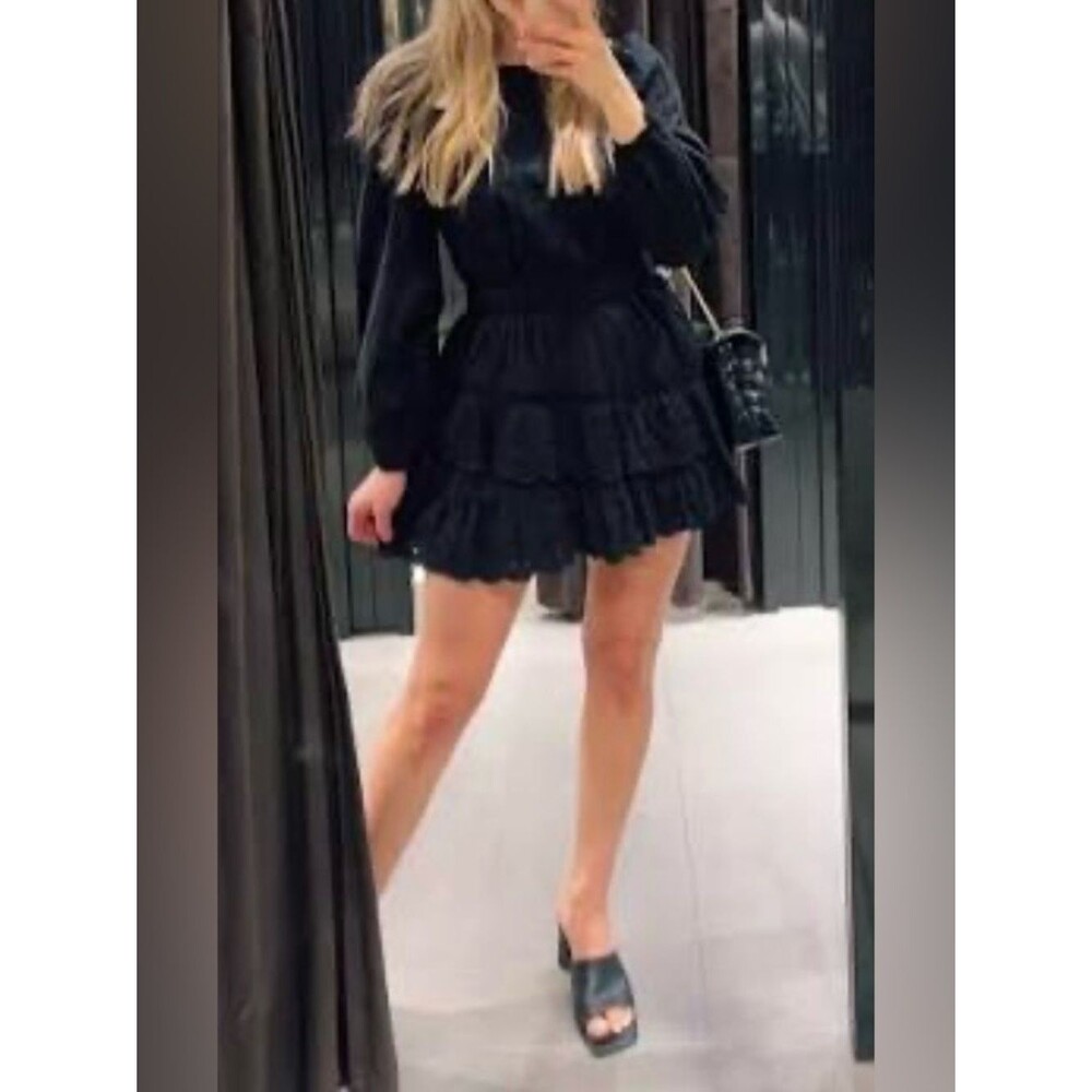 Zara Black Eyelet Embroidered Mini Dress Long Sleeve Tiered Lace LBD - Size M